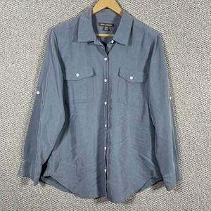 Tommy Bahama Shirt Womens Medium Gray Roll Tab‎ Sleeves Button Up Pockets Casual